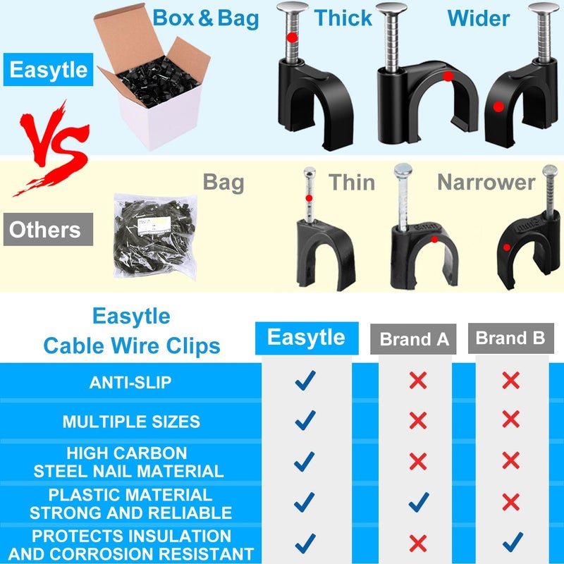 Easytle 400pcs Black Cable Clips 4/6/8/10mm Cable Wire Clips Nail in Cable Clips Cable Tacks Coaxial Nail Clamps Cable Nails for Cords Cable Management RG6 RG59 CAT6 RJ45 Ethernet Cable Clips Coax Clamps - Image 4